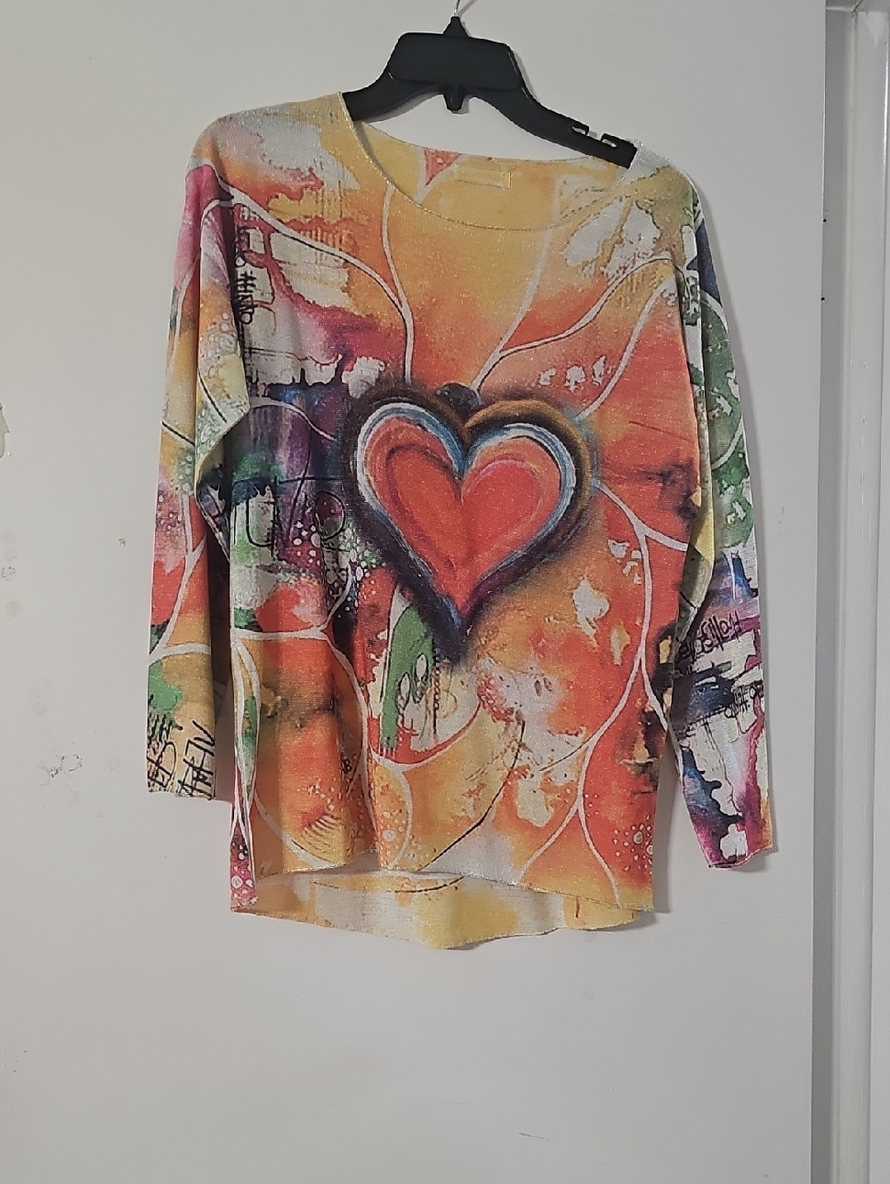 Abstract Heart Print Long Sleeve Top - Multicolor
